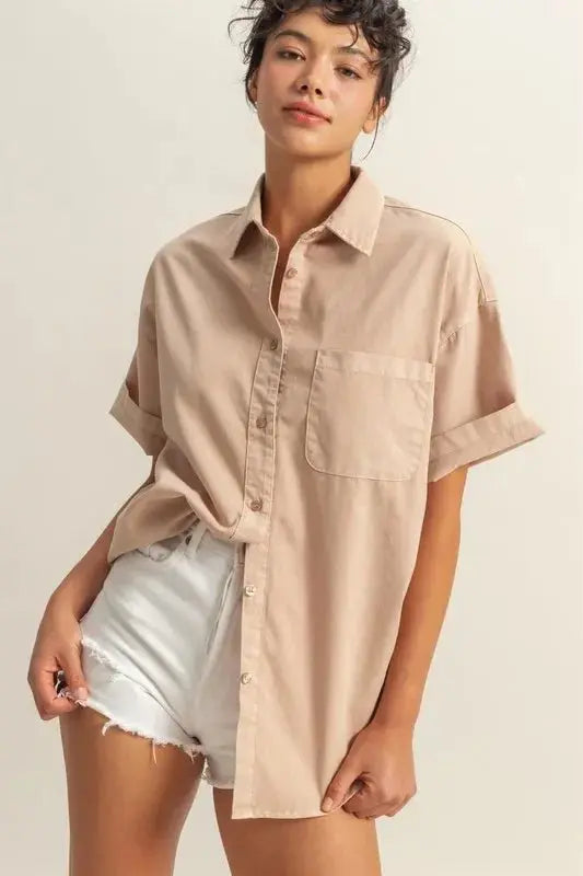 HYFVE Short Sleeve Button Down Oversized Shirt for Women - Love Salve